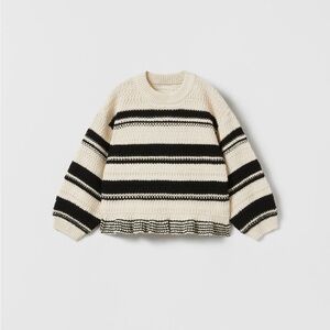 Zara Black and Cream Striped Ruffled Knit Sweater